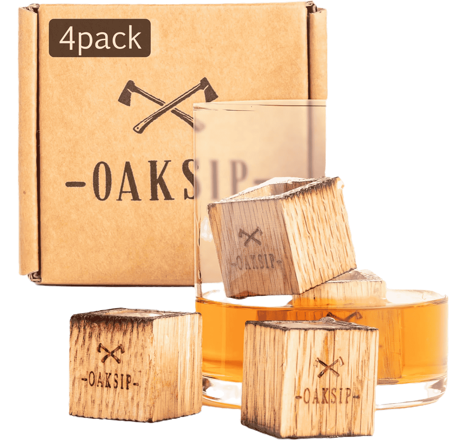 Charred oak whiskey stones with packaging - bourbon whiskey ice cubes for chilling drinks